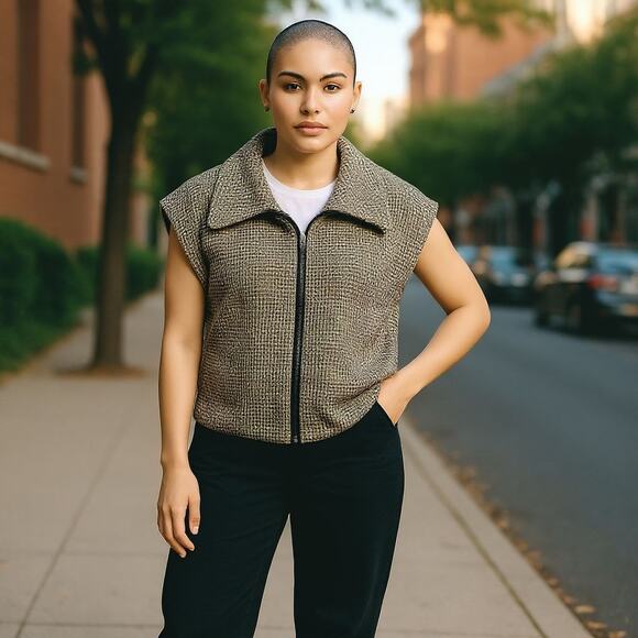Bryn Walker Black White Houndstooth Ruched Sides Zip Up Vest - Sz. XXS Oversize - Picture 1 of 9